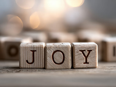 Colorful wooden letters form the word joy against a gentle, out-of-focus backdrop illuminated by...