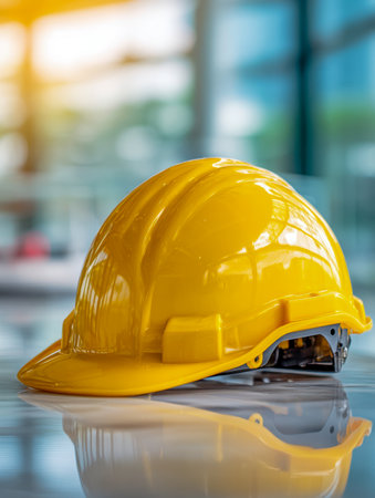 A vivid safety helmet lies on a glossy surface, capturing sunlight that highlights its bold hue, while sleek city architecture softly blurs in the background.の写真素材