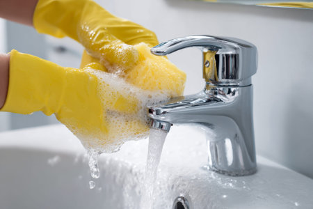 Bright yellow gloves grip a matching sponge frothing with soap, as water flows from a sleek faucet...