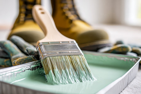 A close-up of a paintbrush coated in vibrant green paint, paired with protective gloves, while rugged footwear in the background hints at a hands-on renovation journey.の写真素材