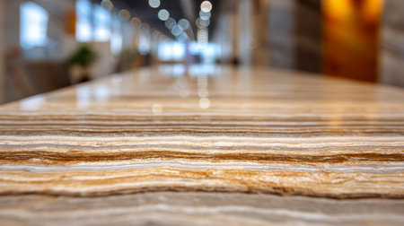 A gleaming marble tabletop with rich brown and beige stripes captures soft ambient reflections, set against a subtly blurred backdrop of windows and stylish decor.の写真素材