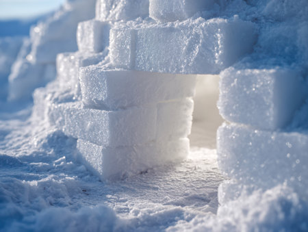 Delicate ice sculptures create a charming gateway against a snowy landscape, softly illuminated by winter daylight, evoking a whimsical winter wonderland atmosphere.の写真素材