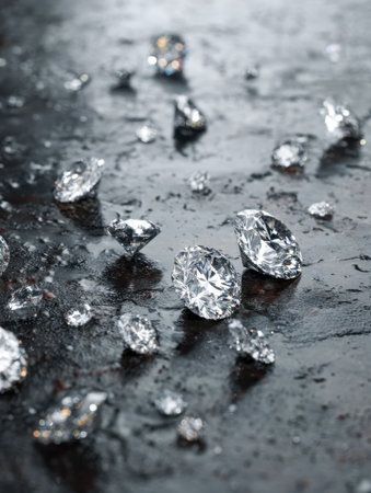 An array of luminous gemstone facets glisten intensely against a deep, textured mirror, evoking sophistication and opulence through their radiant sparkle.の写真素材