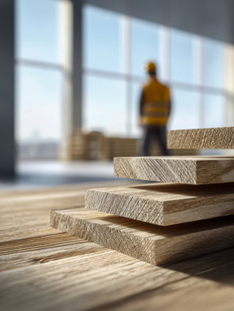 A construction professional in protective attire examines neatly arranged timber under a spacious, sunny environment with expansive glass panels illuminating the woの写真素材