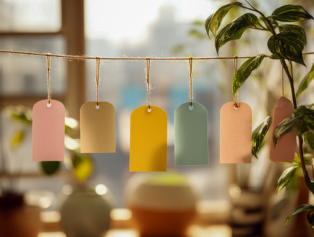 Vibrant tags sway gently on a string, nestled beside a lush green plant, in a sunlit space that feels inviting and perfect for personal crafts or messages.の写真素材