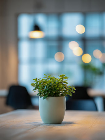 A lush green plant in a sleek white container rests on a warm-toned wooden surface, surrounded by a contemporary office setting bathed in inviting, soft lighting.の写真素材