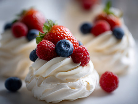 Crisp, golden meringue cups filled with whipped cream and topped with vibrant berries create an inviting, sophisticated dessert ideal for special gatherings and sunshineの写真素材