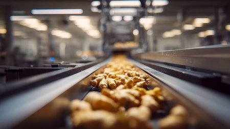 Golden, fresh baked goods glide smoothly through a sleek production line, illuminated by crisp factory lights, highlighting their rich, golden crust.の写真素材