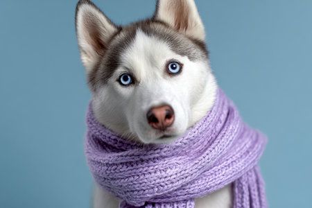 A adorable husky with piercing blue eyes rests gracefully, wrapped in a warm lavender knitted scarf, set against a tranquil blue winter background.の写真素材