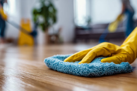 A hand in vibrant yellow gloves methodically wipes a polished wooden surface with a soft blue cloth,...