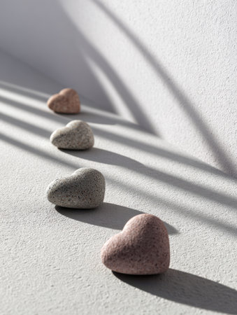 Four smooth, love-shaped pebbles aligned diagonally on a textured base, their elongated shadows embraced by delicate sunlight, evoking serenity and subtle elegance.の写真素材