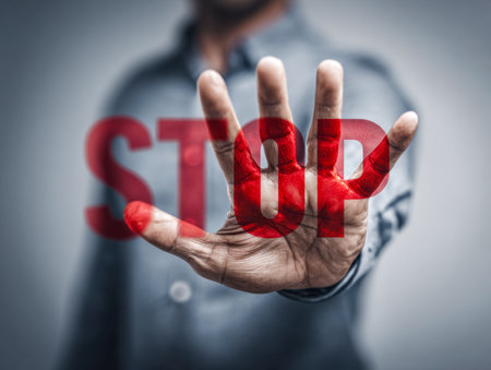 A vigilant individual raises a hand in a firm gesture, set against a neutral background, with a boldly visible red message emphasizing the importance of heeding warnの写真素材