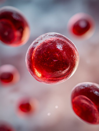 A vivid digital artwork depicts numerous crimson blood cells drifting through a dynamic, scientific...
