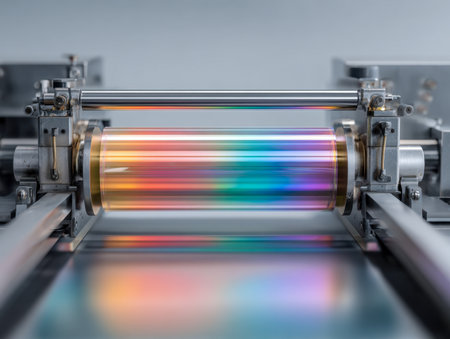 A dynamic industrial press operates at high speed, meticulously applying vivid, detailed visuals onto large-scale print media with cutting-edge rotation and precisionの写真素材