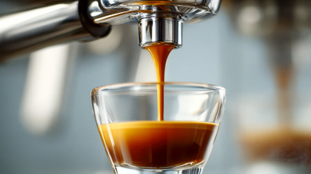 Warm, velvety espresso cascades into a transparent glass, highlighting the luscious crema and refined texture of expertly brewed coffee.の写真素材