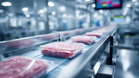 Fresh meat cuts glide smoothly along an advanced conveyor system within a sleek, contemporary processing facility, with blurred industrial equipment in the backdrop.の写真素材