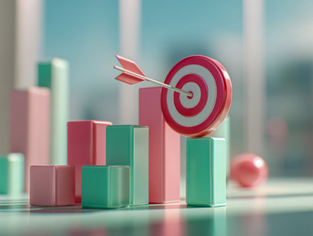 A vibrant, multi-hued bar graph with an arrow pinpointing the center of a target icon, illustrating accuracy, strategic goals, and successful data-driven results.の写真素材