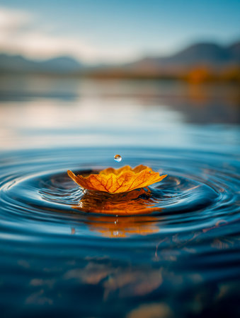 A lively fall leaf drifts gently over calm waters, with a solitary droplet suspended overhead, sending delicate ripples across a peaceful mountain backdrop.の写真素材