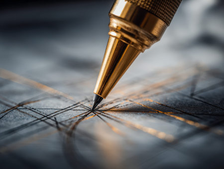 A close-up of an opulent gold mechanical pencil creating sharp, exact geometric patterns on rough...