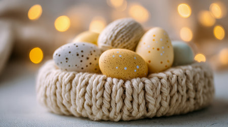 Gentle lighting highlights pastel-hued eggs in a textured cream basket, surrounded by warm, shimmering bokeh to evoke a cozy, festive Easter atmosphere.の写真素材