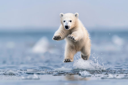 Adorable polar bear cub jumping on pack ice of spitsbergen, wildlife photographyの写真素材