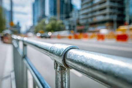 A close-up of a robust metal railing, capturing textured details against a softly blurred cityscape featuring towering buildings and a bright, sunlit sky.の写真素材
