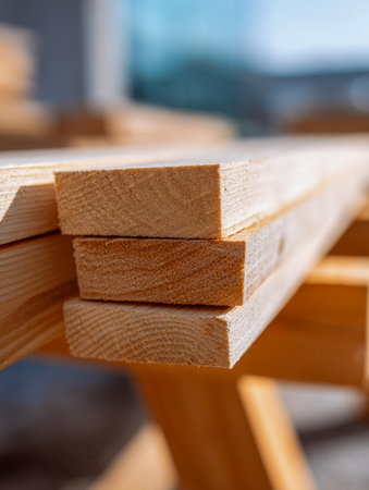 A neatly arranged pile of new timber beams, showing intricate wood grain patterns, illuminated by natural sunlight, ideal for reliable building or woodworking proの写真素材