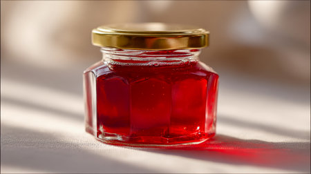 A tiny glass container showcases a glossy red sweetness, its surface shimmering under gentle sunlight, creating a captivating glow against a plush, cozy backdrop.の写真素材