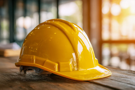 A vibrant yellow protective helmet gently laid on aged wood, illuminated by gentle natural light,...