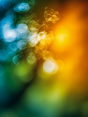 An enchanting array of blurred luminous circles in lively shades of blue, green, and gold, evoking a tranquil, magical atmosphere perfect for creative or celebratoryの写真素材