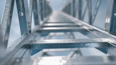 A shiny silver ladder reaches skyward through a hazy, cloud-filled atmosphere, its sleek surface subtly mirrored, creating a sense of ascent amidst mystery.の写真素材