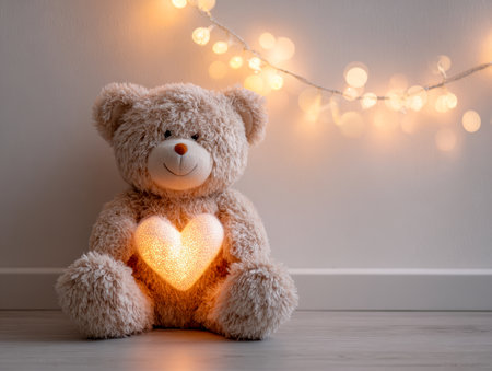 A cozy scene featuring a cuddly plush teddy bear clutching a radiant heart-shaped lamp, framed by gentle fairy lights flickering softly on a rustic wooden floor.の写真素材
