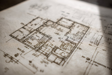 An aged paper blueprint illustrating an intricate floor plan of a historic home, featuring detailed room layouts, structural details, and design elements.の写真素材