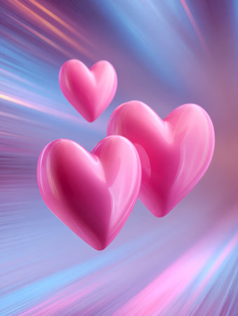 Vibrant pink hearts gleam with a sleek finish as they drift effortlessly, set against a lively swirl of pastel blues, purples, and peaches that evoke serenity and afの写真素材