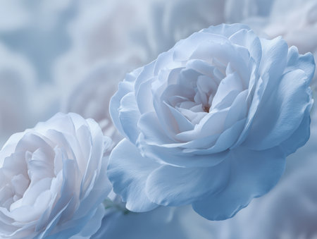 A serene display of gentle blue roses with silky petals bathed in soft illumination, offering a refined and calming floral scene ideal for peaceful backgrounds and nの写真素材