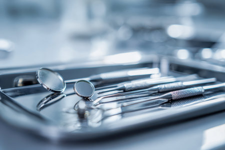 A polished metal tray showing precision dental instruments like mirrors and probes, prepared for a thorough oral check in a sterile clinical setting.の写真素材