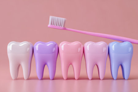 A vibrant row of pastel-hued dental models complements a pink toothbrush, all set against a gentle pink backdrop, symbolizing oral health and freshness.の写真素材