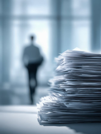 A hefty pile of documents dominates the workspace, with a softly blurred professional in motion behind, highlighting the busy atmosphere and drive for efficiency.の写真素材
