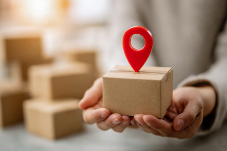 Two hands gently cradle a tiny package, accented by a vivid red marker icon, representing precise delivery and real-time logistics tracking capabilities.の写真素材