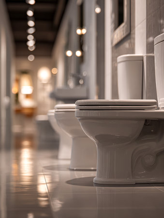 Sleek white ceramic fixtures line a luminous showroom, their glossy surfaces reflecting vibrant lighting against polished tile floors, evoking a modern and sophisticの写真素材