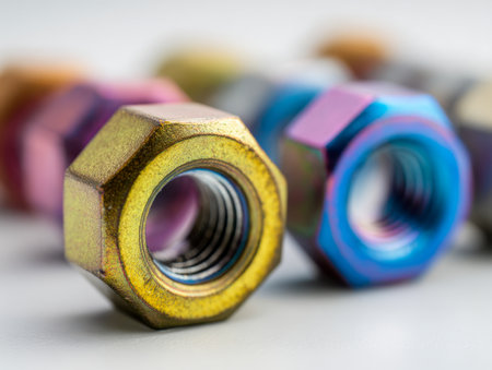 A vibrant collection of coated hexagonal fasteners detailed with visible threading, set against a sleek surface with an industrial backdrop.の写真素材