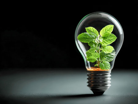 A vibrant sprout emerges within a transparent glass enclosure, embodying eco-friendly innovation and...