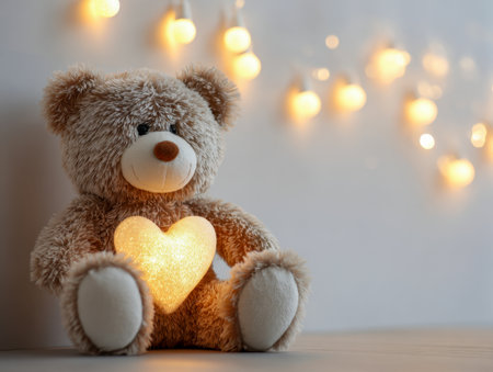 A cuddly plush bear cradles a luminous heart, surrounded by twinkling string lights, set against a softly blurred, warm-toned backdrop on a rustic wooden surface.の写真素材