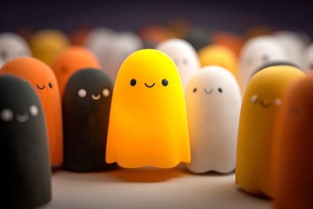 A bright yellow cheerful ghost figure radiates warmth amid a lively group of vibrant, playful spirits, set against gentle lighting that enhances the inviting, festivの写真素材