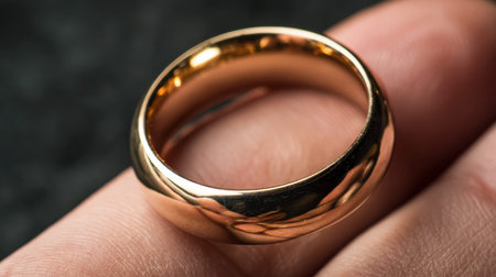 A sleek gold ring with a mirror finish accentuates a refined finger, catching soft ambient glow and...