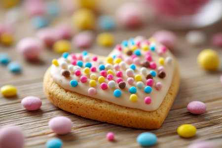 A charming sugar cookie in a romantic heart shape, adorned with smooth white icing and playful multicolored spheres, resting on aged wooden planks with candy fragmenの写真素材
