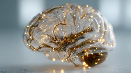 A clear, luminous brain silhouette highlighting intricate neural pathways, representing thought processes and cognitive complexity against a gentle, unobtrusive backの写真素材