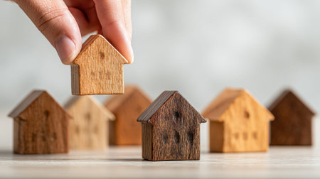 An individual carefully choosing a miniature wooden home among various options, embodying themes of investment clarity, decision-making, and future planning.の写真素材
