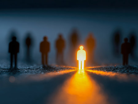 A glowing silhouette emerges amidst shadowy figures, embodying strength, distinction, and the power of personal vision in a vibrant, thought-provoking scene.の写真素材