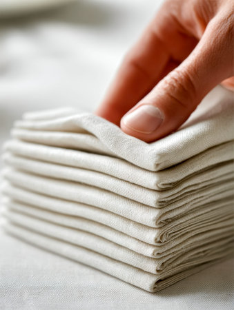 A meticulous hand arranges smooth beige cotton cloths into a tidy stack on a harmonious surface,...